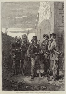 Defense of Paris, volontärer som vaktar en affisch av den befästa enceinte (gravyr) av French School