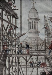 Demonstration av byggnadsställningar som avslöjar slutet på byggandet av kupolen i basilikan i Montmartre. Gravyr i "" Le Pelerin"" 1899-12-17. av French School