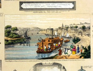 Denis Papin (1647-1712) ser sin hjulångare förstöras av båtsmännen i Muenden 1707 av French School