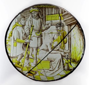 Föreställer en pilgrim från St James som går in i ett vandrarhem, av French School