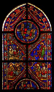 Föreställande en del av ett fönster från kyrkan i Varennes-Jarcy (ursprungligen från Abbey de Gercy?); scener inkluderar bebådelsen till herdarna, synagogan och musikeränglar (målat glas av French School