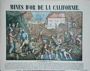 Skildring av Kaliforniens guldgruvor, mitten av 1800-talet (färgad gravyr) av French School