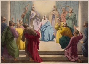 Descent of the Holy Spirit, illustration från en katekes LHistoire Sainte, publicerad av Charles Delagrave, Paris, sent 1800-tal av French School