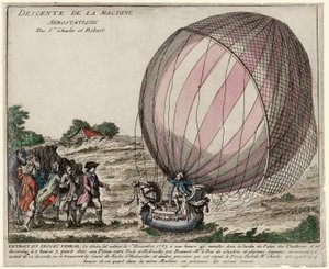 Nedstigning av Aerostatic Machine of Srs. Charles och Robert, pub. 1783 (handfärgad gravyr) av French School