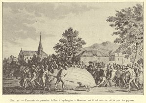 Nedstigning från den första väteballongen till Gonesse, där den slits i bitar av bönderna (gravyr) av French School