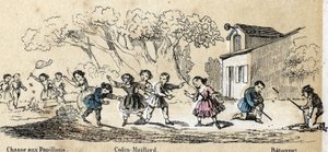 Beskrivning av barns fritidsaktiviteter och lekar: utomhuslekar, fjärilsjakt, kickel och pinne. Tallrik "" les jeux de l