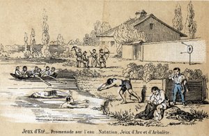 Beskrivning av barns fritidsaktiviteter och lekar: utomhusspel på sommaren och vattenlekar, simning, paddling, bågskytte och armborst. Tallrik "" les jeux de l