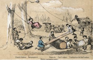 Beskrivning av barns fritidsaktiviteter och lekar: utomhusspel, kort käpp, gunga, gunga (rumpa knacka) och göra en drake (flygande drake). Tallrik "" les jeux de l