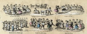 Beskrivning av barns fritid och spel: rundorna. Tallrik "" barndomsspel"" i "" instruktiva rekreationer"" Synoptisk målning av Jules DELBRUCK, gravyr från 1860. Privat samling. av French School