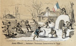 Beskrivning av barns fritid och lek: vinterlek, skridskoåkning, pulka och snöbygge. Tavla "" les jeux de l