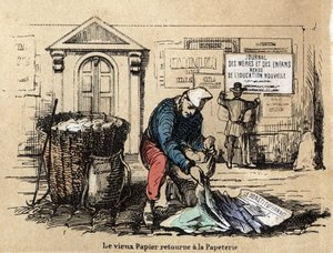 Beskrivning av de olika produkterna och användningen av papper: gammalt papper plockas upp för att bli trasa igen. Tavla "" Le papier et ses produits"" i "" les Recreations instructives"" Synoptisk målning av Jules Delbruck, gravyr från 1860. Privat samlin av French School