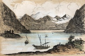 Beskrivning av de olika typerna av landskap och reliefer enligt geografi: detalj som visar Genèvesjön. Tavla "" Physical Geography"" i "" les Recreations instructives"" Synoptisk målning av Jules DELBRUCK, gravyr från 1860. Privata samlingar av French School