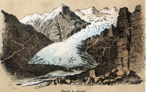 Beskrivning av de olika typerna av landskap och reliefer beroende på geografi: detalj som visar en glaciär (eller ishav) i en bergskedja. Tavla "" Physical Geography"" i "" les Recreations instructives"" Synoptisk målning av Jules DELBRUCK, av French School