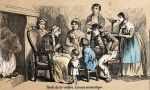 Beskrivning av de fem sinnena: detaljer om hörseln, reciteringar under natten i stugorna, en gammal man använder en akustisk kon. Tavla "" Les cinq sens"" i "" les Recreations instructives"" Synoptisk målning av Jules Delbruck, gravyr från 1860. av French School