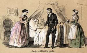 Beskrivning av de fem sinnena: beröring, en läkare som tar pulsen på en sjuk flicka. Tavla "" Les cinq sens"" i "" les Recreations instructives"" Synoptisk målning av Jules Delbruck, gravyr från 1860. Privat samling. av French School