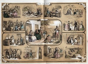 Beskrivning av de fem sinnena: syn, från vänster till höger och uppifrån och ned, hörsel, känsel, lukt och smak. Tavla "" Les cinq sens"" i "" les Recreations instructives"" Synoptisk målning av Jules Delbruck, gravyr från 1860. Privat samling. av French School