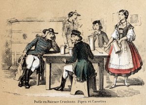 Beskrivning av de olika tillverkningsstegen och användningarna av lera: lerprodukter (lergodsspis, kannor, rör och burkar). Tallrik "" Leran och dess produkter"" i "" Les Recreations instructives"" Synoptisk målning av Jules DELBRUCK, gravyr från 1860. Pr. av French School