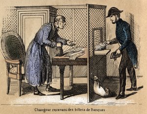 Beskrivning av pappers olika produkter och användningsområden: en transaktion på banken, en bankman får papperssedlar. Tavla "" Le papier et ses produits"" i "" les Recreations instructives"" Synoptisk målning av Jules Delbruck, gravyr från 1860. Priva av French School