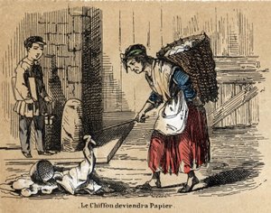 Beskrivning av papperets olika produkter och användningsområden: samlingen av gamla trasor som papperet härrör från. Tavla "" Le papier et ses produits"" i "" les Recreations instructives"" Synoptikmålning av Jules Delbruck, gravyr från 1860. Privat av French School