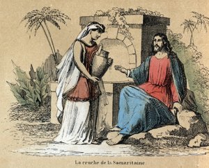 Beskrivning av de olika stadierna av tillverkning och användning av lera: Jesus och samariten bär en lerkanna i Bibeln. Tallrik "" Leran och dess produkter"" i "" Les Recreations instructives"" Synoptisk målning av Jules DELBRUCK, gravyr från 1860. Privat av French School