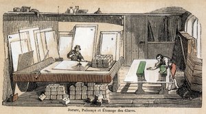 Beskrivning av glasets olika tillverknings- och användningsstadier: en verkstad för förgyllning, polering och stansning av glas. Tallrik "" Glas och dess produkter"" i "" Les Recreations instructives"" Synoptisk målning av Jules DELBRUCK, gravyr från 1860. av French School