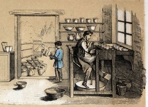 Beskrivning av de olika tillverkningsstadierna och användningen av lera: en krukmakare som arbetar i tur och ordning. Tallrik "" Leran och dess produkter"" i "" Les Recreations instructives"" Synoptisk målning av Jules DELBRUCK, gravyr från 1860. Privat sa av French School