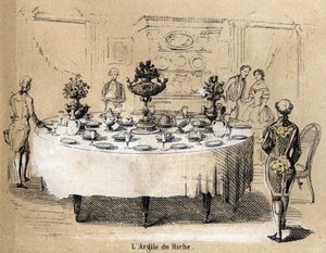 Beschreibung der verschiedenen Herstellungsschritte und Verwendungen von Ton: Verwendung von Ton in reichen Innenräumen, ein Tisch mit Porzellangeschirr. Tafel „Der Ton und seine Produkte“ in „Les Recreations instructives“. Synoptisches Gemälde von Jules D von French School