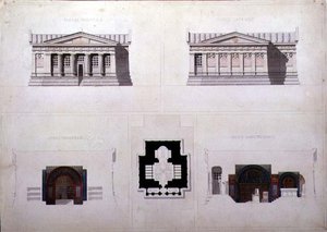 Ritning till ett mausoleum i grekisk nybyggarstil, ca 1835 (penna och bläck med akvarell på papper) av French School