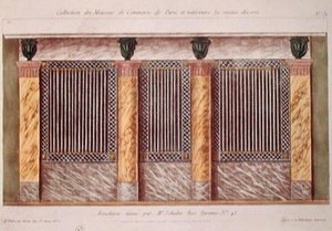 Design för fasaden på en slaktare, från en serie som visar de bäst dekorerade kommersiella byggnaderna i Paris, ca 1810 (färg litho) av French School