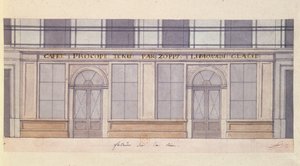 Design för fasaden på Cafe Procope, tidigt 1800-tal (penna & bläck och wc på papper) av French School