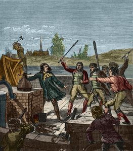 Förstörelse av Papins ångbåt - Denis Papin (1647-1712) ser sin hjulångare förstöras av båtsmännen i Muenden 1707 - Les Bateliers de Munden krossa ångbåten av Denis Papin (1647-1712) - Gravyr i "" Vetenskaper på plats av allt - av French School