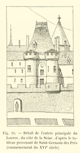 Detalj av huvudentrén till Louvren, från sidan av Seine, efter målningen från Saint-Germain des Pres, början av 1500-talet av French School