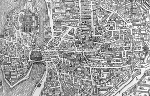 Detalj från en karta över Paris under Henri II:s regeringstid som visar quartier des Ecoles, 1552
