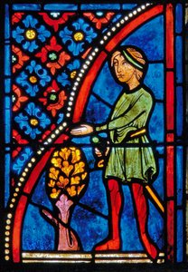 Detalj från ett fönster som visar scener från den heliga Maria den egyptiska livet av French School