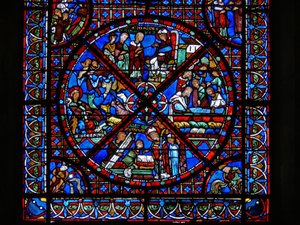 Detalj från ett fönster som visar scener ur St. Stephens liv av French School