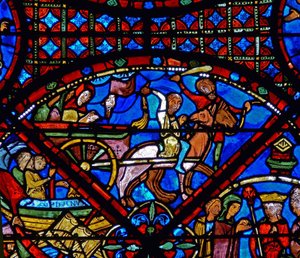 Detail eines Fensters, das Szenen aus dem Leben des hl. Stephanus darstellt: Pferd und Wagen (Detail) von French School