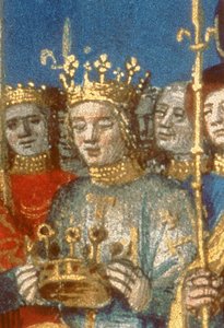 Detalj av Fr 6465 f.247v Kröning av Ludvig VIII (1187-1226) och Blanche de Castile i Reims i närvaro av kungen av Jerusalem (vellum) (detalj av 38990) av French School