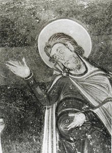 Detalj av St. Savin, från en fresk som visar St. Savin och St. Cyprien som levereras från bestarna, c.1100 (fresk) (s/v foto) av French School