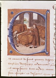 Detalj av en historisk initial med en illustration av en vinodlare i arbete, från "Register of the Abbey of Saint-Germain-des-Pres" (vellum) av French School