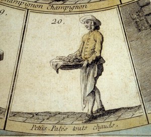 Detalj av spelet av Cree of Paris gås: köpman av het liten pasta. Gravyr av 1700-talet. Coll. Avvika. av French School