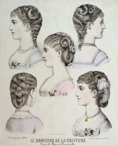 Olika frisyrer, tallrik från Le Moniteur de la Coiffure, 1880 av French School