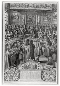Middag för Ludvig XIV (1638-1715) på Hotel de ville, 30 januari 1687, från årets kalender 1688 av French School