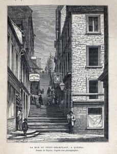 Upptäck Kanada: Rue du Petit Champlain (Petit-Champlain) i Quebec. Teckning av Taylor från ett fotografi. Gravyr från slutet av 1800-talet i "La nouvelle France" av Eugene Guenin. av French School