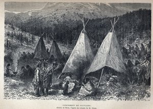 Upptäckt Kanada: American Indian Camp med tipi. Ritning av Riou från en skiss av Dixon. Gravyr från slutet av 1800-talet i "La nouvelle France" av Eugene Guenin. av French School