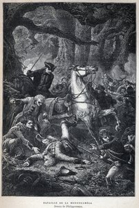 Upptäckte Kanada: Slaget vid Monongahela 1755 under sjuårskriget. Teckning av Philippoteaux. Gravyr från slutet av 1800-talet i "La nouvelle France" av Eugene Guenin. av French School