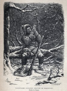 Upptäckte Kanada: Kanadensiska armén frivilliga snöskor. Teckning av Dupuy. Gravyr från slutet av 1800-talet i "La nouvelle France" av Eugene Guenin. av French School