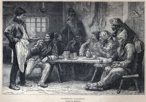 Upptäckt Kanada: Kanadensiska skogshuggare. Teckning av Maillard. Gravyr från slutet av 1800-talet i "La nouvelle France" av Eugene Guenin. av French School