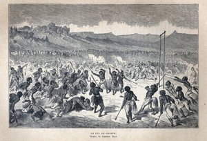 Upptäckt Kanada: Sport. American Indian lacrosse-spelet. Teckning av Gustave Dore. Gravyr från slutet av 1800-talet i "La nouvelle France" av Eugene Guenin. av French School