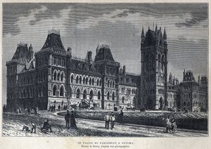 Upptäckte Kanada: Parlamentspalatset i Ottawa. Teckning av Deroy från ett fotografi. Gravyr från slutet av 1800-talet i "La nouvelle France" av Eugene Guenin. av French School