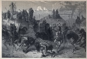 Upptäckte Kanada: bisonens dans i Mondanes. Gravyr från slutet av 1800-talet i "La nouvelle France" av Eugene Guenin. av French School
